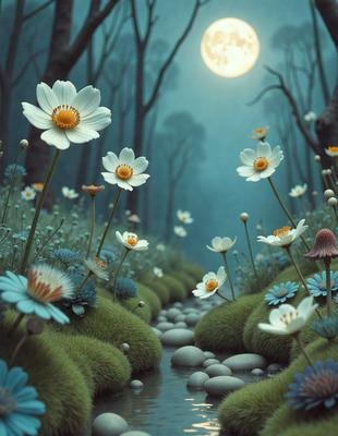 The primary subject of the image is a field of flowers, with a variety of white flowers spread throughout the scene. The setting is a lush green field, and the visual style is a combination of photo and digital art. The colors are predominantly white, with some blue accents, creating a serene and peaceful atmosphere.